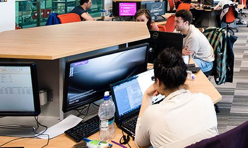 Students working in a computer cluster