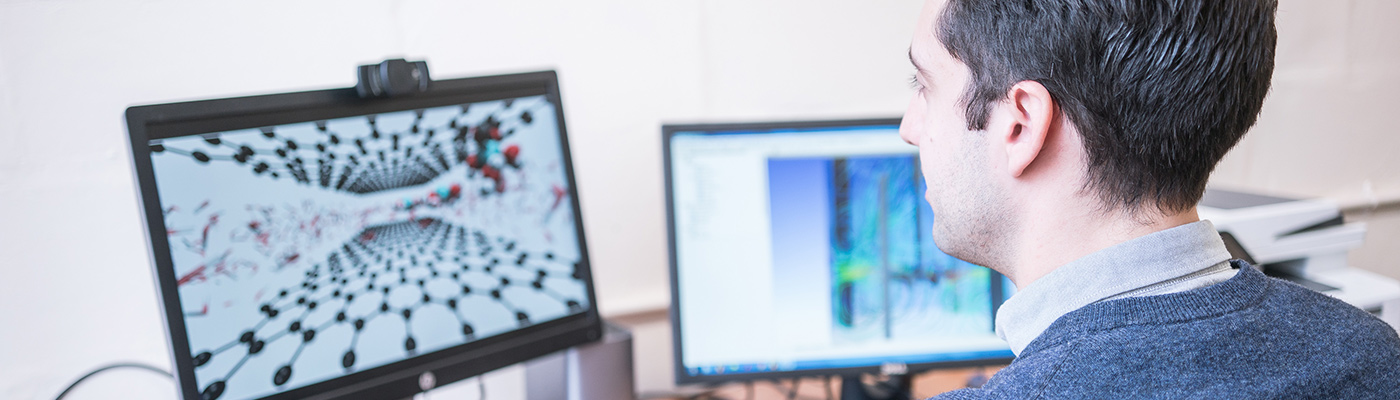 A researcher demonstrating multi-scale modelling on a computer screen