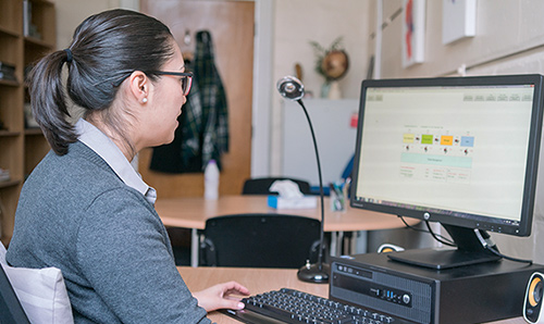 A female researcher looking at CCalc software on a computer