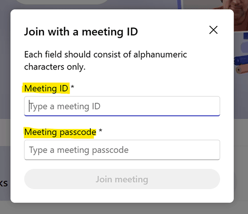 Screen shot displaying the 'Meeting ID' and 'Meeting passcode' fields of the 'Join with a meeting ID' form in Microsoft Teams.