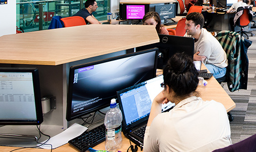 Students working in a computer cluster